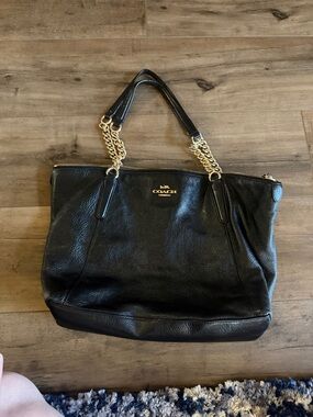 Coach Black Leather Tote with Gold Chain Handles